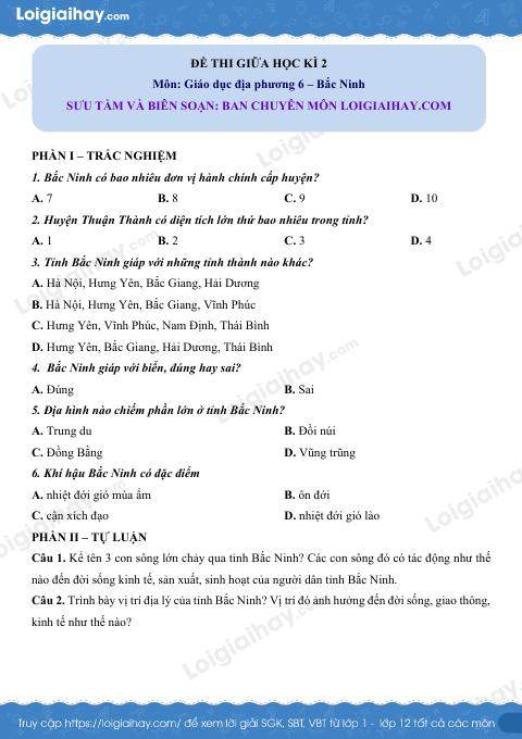 Đề thi giữa kì 2 GDĐP 6 Bắc Ninh - loigiaihay.com